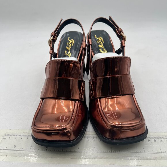 FOWT Brown Platform Square Toe Loafers Chunky High Heel Slingback Slip on Pumps - Picture 3 of 8